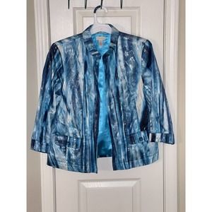 Chico's Turquoise Light & Dark Blue Shiney Open Fly Away Lined Jacket Size 1